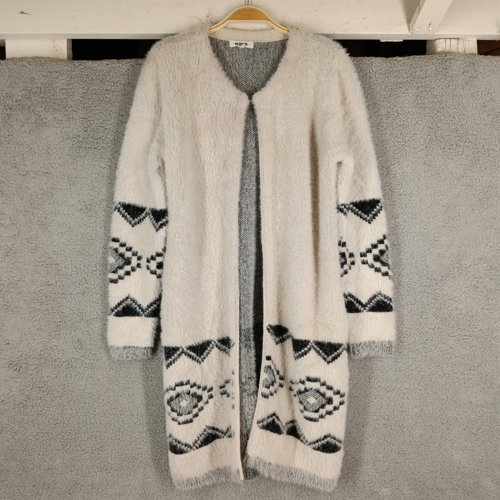 BB Dakota Large Fuzzy‎ Cardigan Duster Sweater Aztec Print Open Front Cream